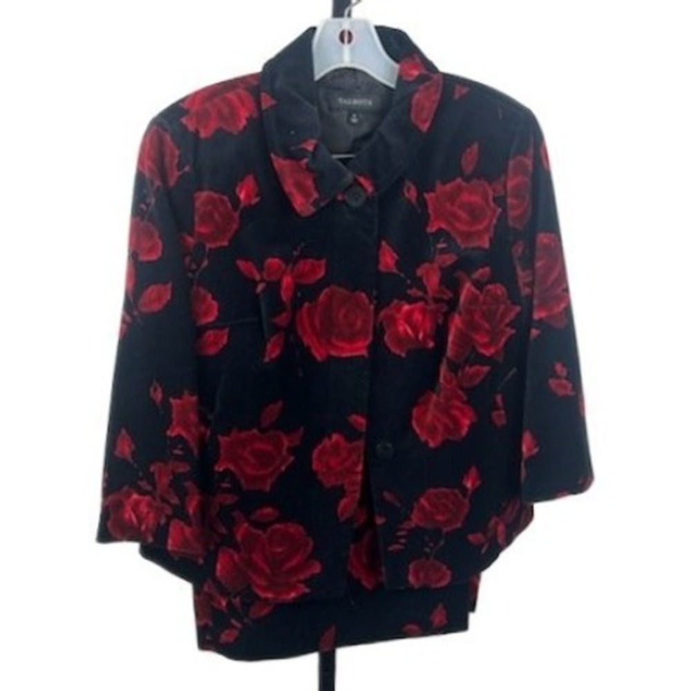 Talbots Vintage Velvet Floral Red‎ Black Roses Blazer Skirt Suit Women's Size 6